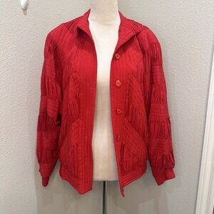 Vtg Perlita Womens Red Silk Pleated Bomber Jacket M 80s Button Boxy Shoulder Pad